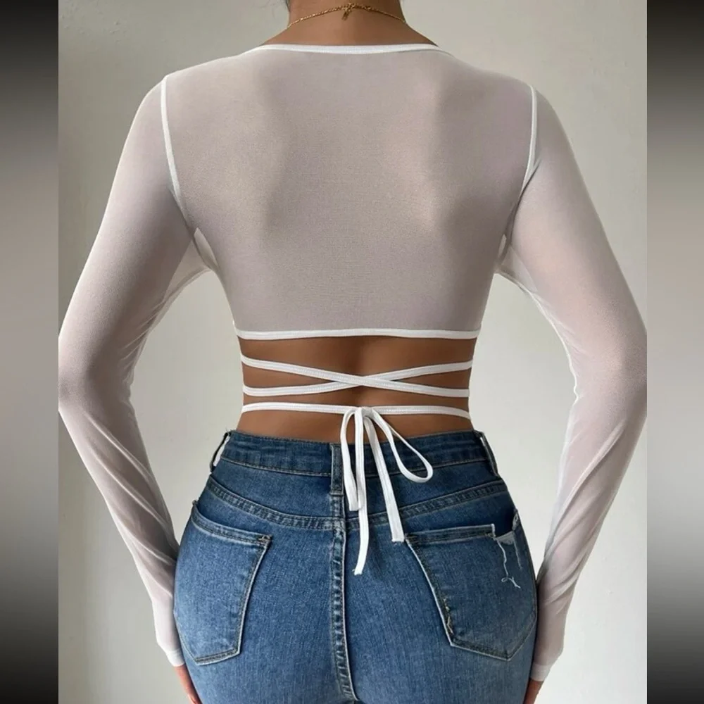 Boho lace crisscross tie back crop top